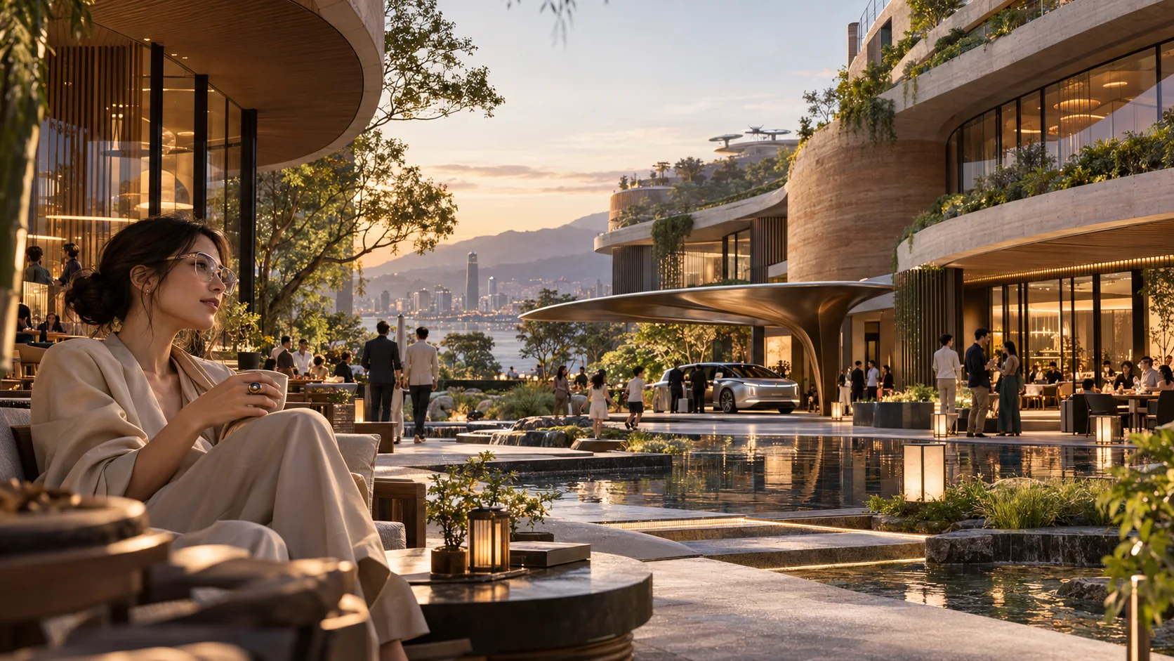 A waterside courtyard at golden hour: a woman in clear AR glasses sits with coffee in the foreground, families cross reflecting pools, and an autonomous car waits beneath a sculpted mobility canopy, with terraced hospitality buildings and a distant city skyline.